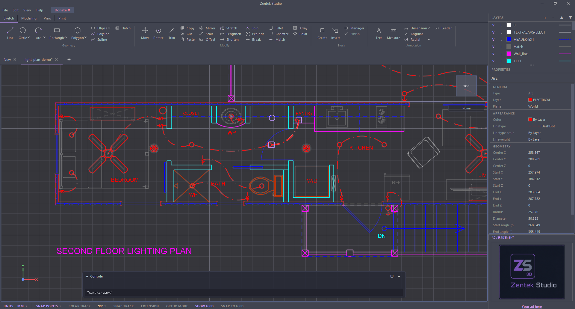 An architectural lighting floor plan in Zentek Studio, with layers, linetypes, text and symbols