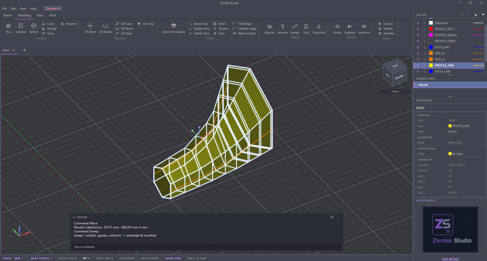 A 3D solid swept along guide rails from imported DXF profiles in Zentek Studio