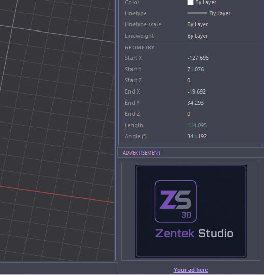 The Zentek Studio ad panel in the app's right dock, beneath the Properties panel