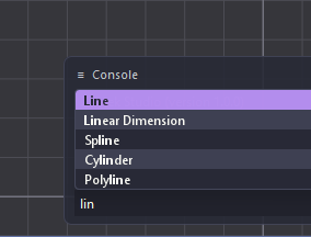 Typing lin in the command line, listing Line, Linear Dimension, Spline, Cylinder and Polyline