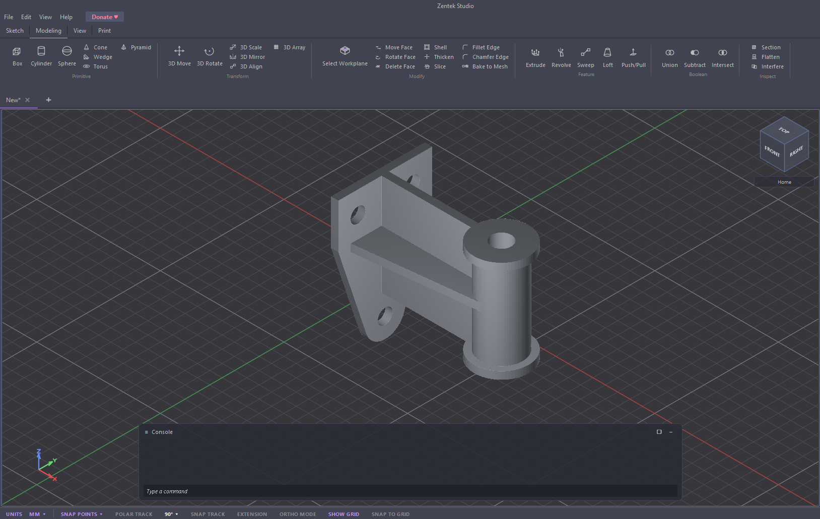 The Zentek Studio workspace — the Modeling ribbon and a shaded 3D bearing bracket in the viewport