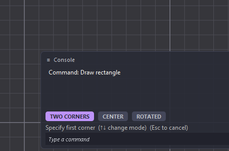 Rectangle's three construction modes shown as chips in the console, Two corners active