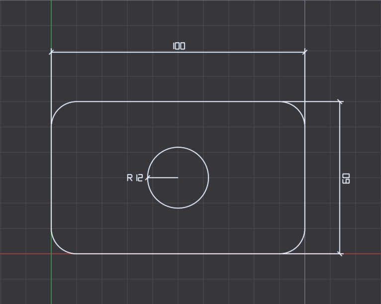 A 100 by 60 plate with a rounded corner, a circular hole, and dimensions in Zentek Studio