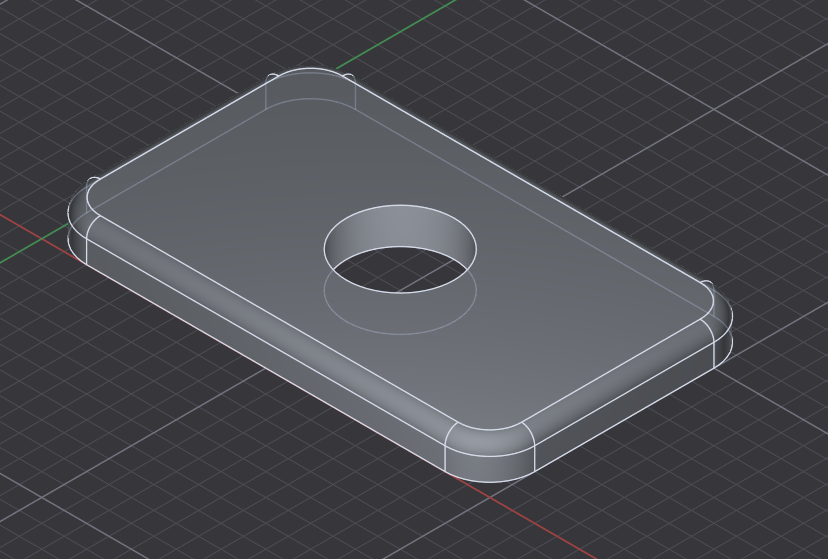 The plate extruded into an 8 mm solid with the hole cut through it, shaded in a 3/4 view